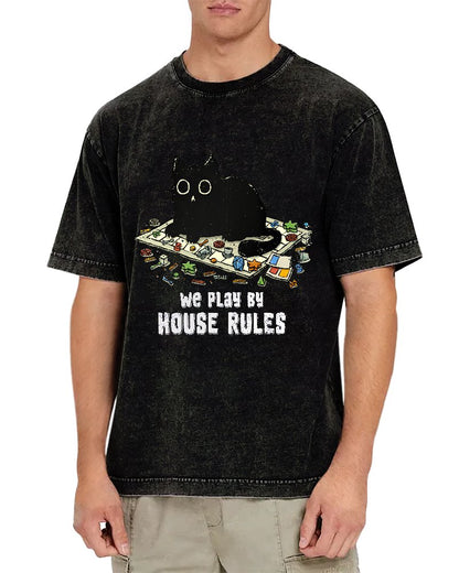 We Play By House Rules Funny Cat Vintage Distressed T-shirt