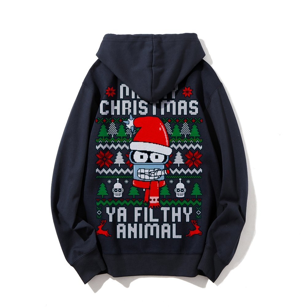 Merry Christmas Ya Filthy Animal Printed Back Cotton Hoodie