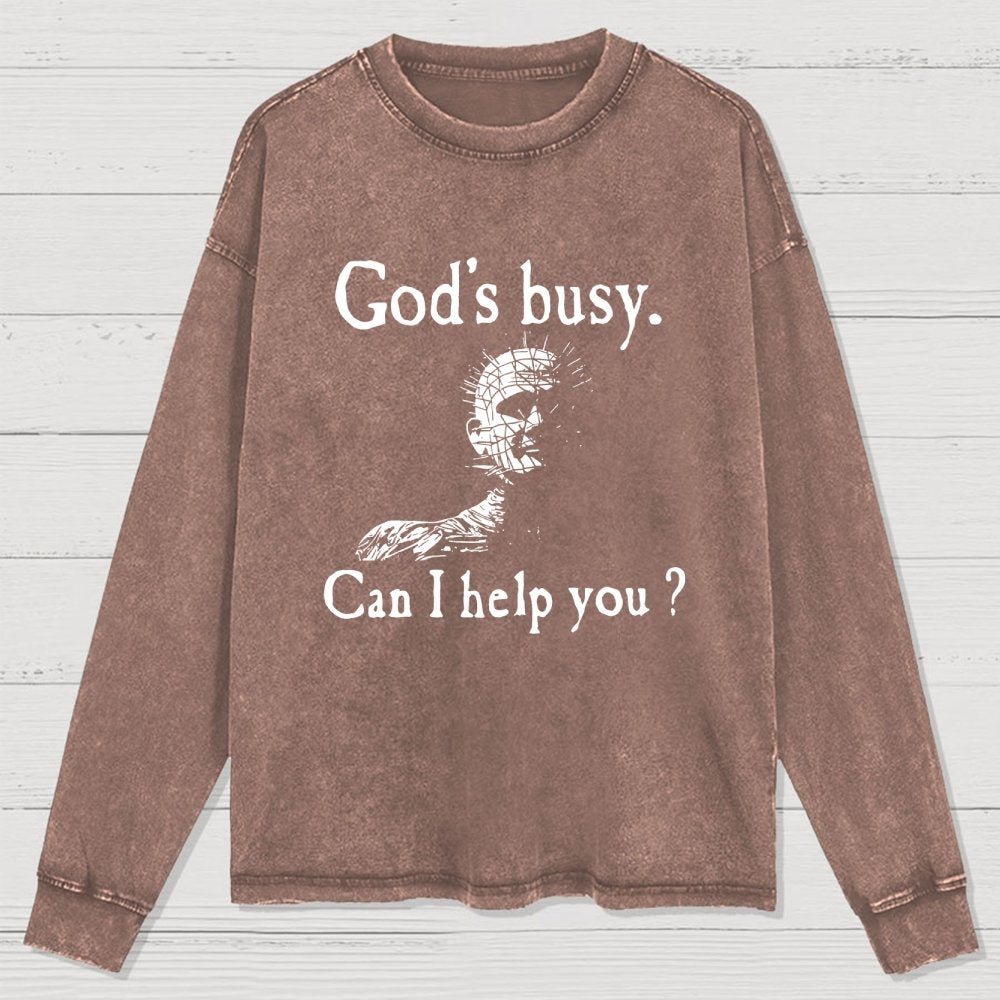 God's Busy Can I Help You? Washed Long Sleeve Tee