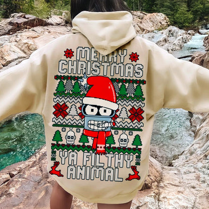 Merry Christmas Ya Filthy Animal Printed Back Cotton Hoodie