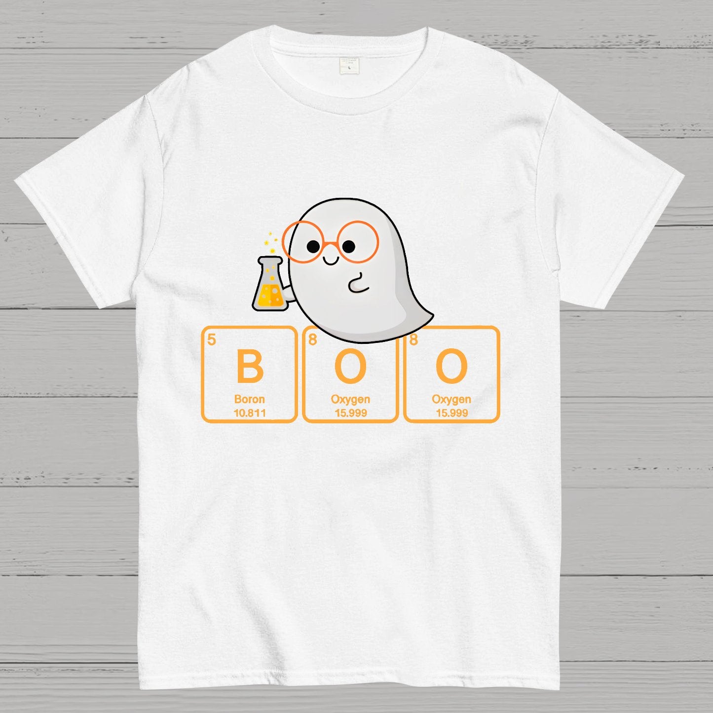 Ghost Scientist With Periodic Table of Elements that Spell BOO, Halloween Geek T-Shirt