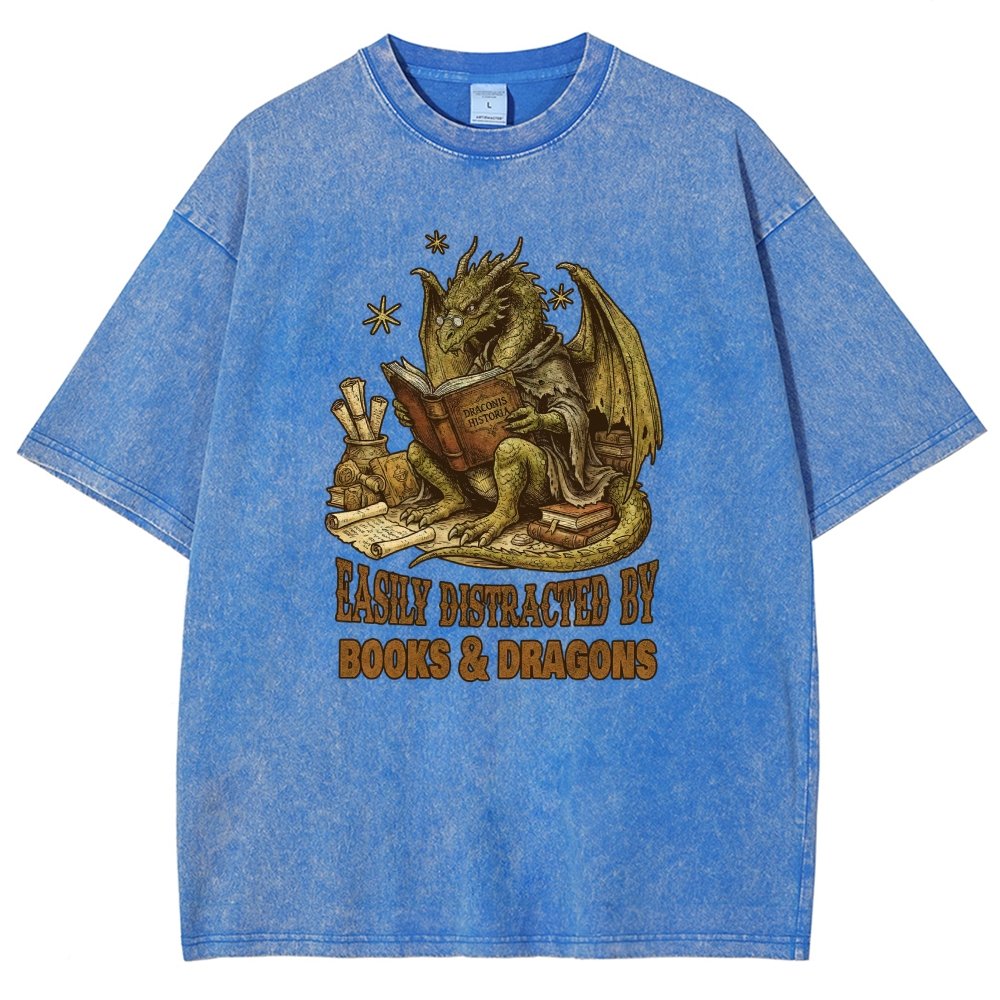 Easily Distracted by Books and Dragons Vintage Distressed T-shirt