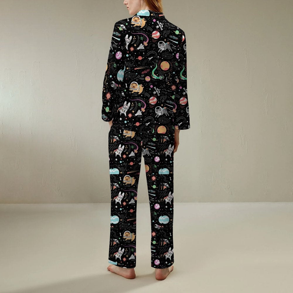 Space Cat Art Print Geek Long Sleeve Pajama Set