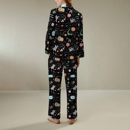 Space Cat Art Print Geek Long Sleeve Pajama Set