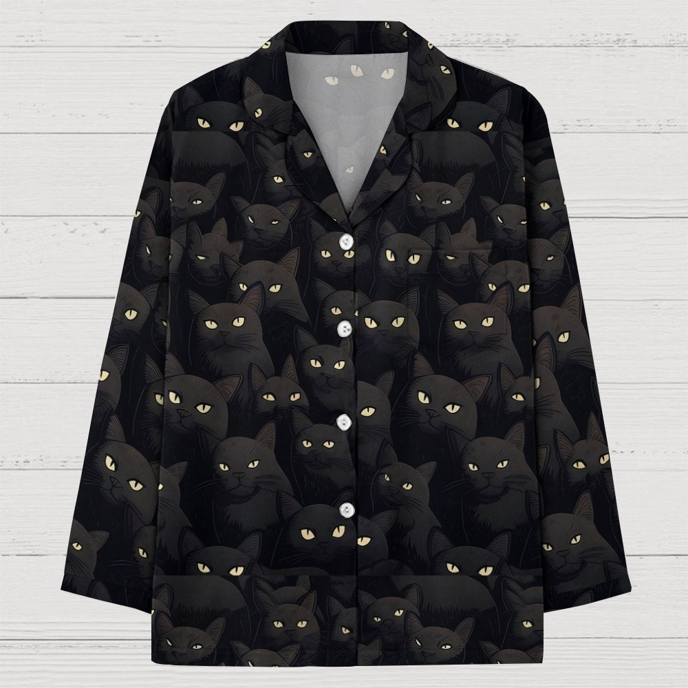 Black Cat Art Print Geek Long Sleeve Pajama Set