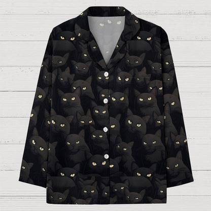 Black Cat Art Print Geek Long Sleeve Pajama Set