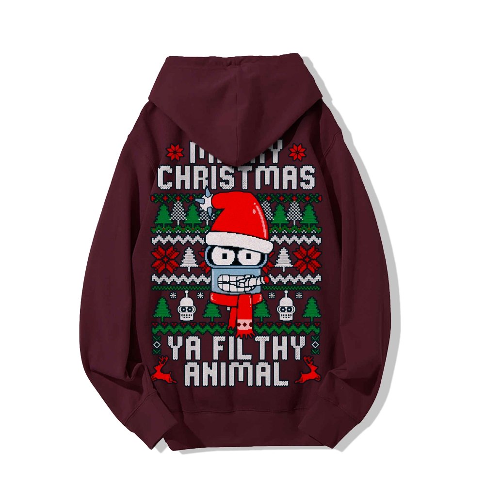 Merry Christmas Ya Filthy Animal Printed Back Cotton Hoodie