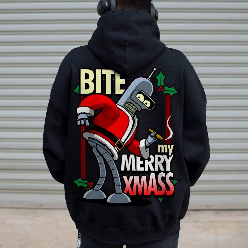 Happy Christmas From Robot Printed Back Cotton Hoodie