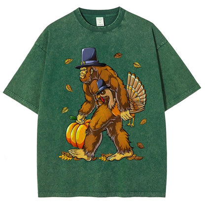 Turkey Pumpkin Thanksgiving Sasquatch Vintage Distressed T-shirt