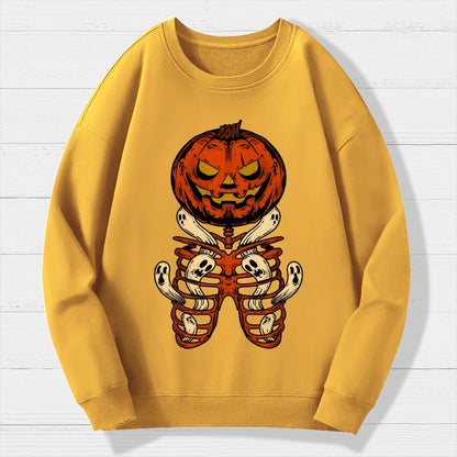 Vintage Halloween Pumpkin Skeleton Ghost Geek Cotton Sweatshirt
