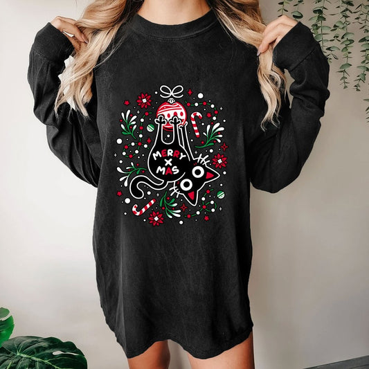 Christmas Cat Butt Washed Long Sleeve Tee