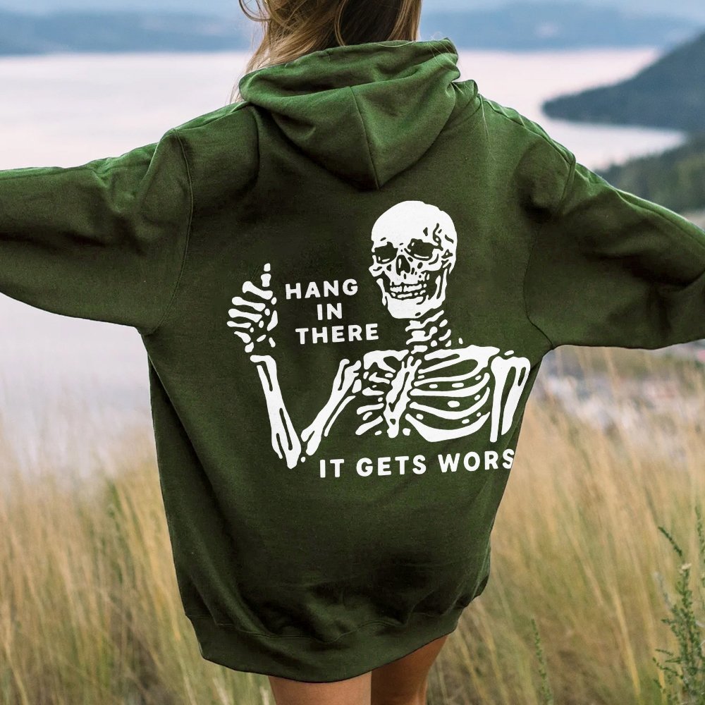 Hang In There Skeleton Printed Back Unisex Cotton Hoodie
