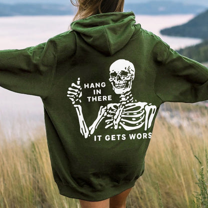 Hang In There Skeleton Printed Back Unisex Cotton Hoodie