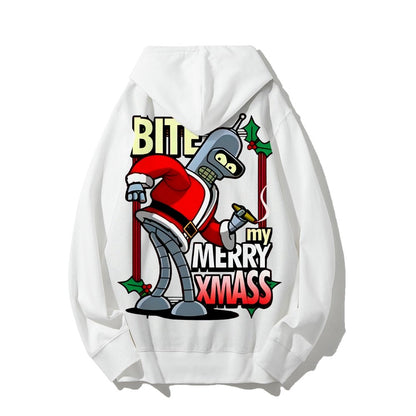 Happy Christmas From Robot Printed Back Cotton Hoodie