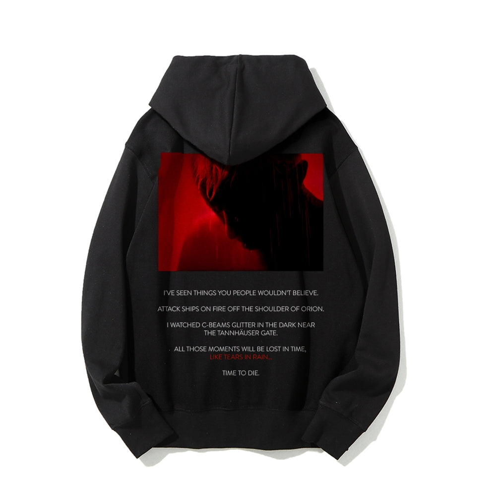 Tears in Rain-Tears in Red-Time to Die Printed Back Cotton Hoodie