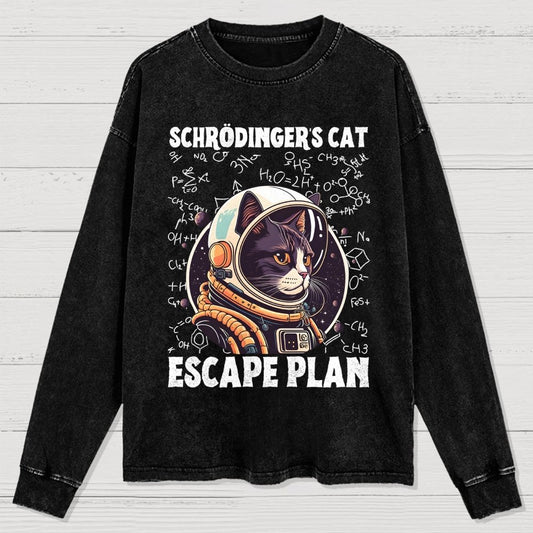 Funny Schrödinger's Cat Escape Plan Science Washed Long Sleeve Tee