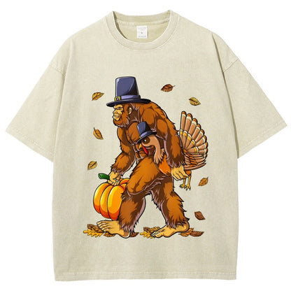 Turkey Pumpkin Thanksgiving Sasquatch Vintage Distressed T-shirt
