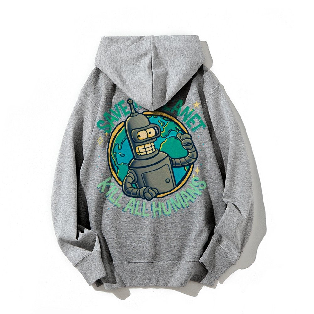 Save The Planet Kill All Humans Geek Printed Back Cotton Hoodie