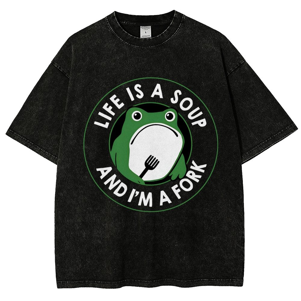 Life Is Soup and I'm a Fork Frog Vintage Distressed T-shirt
