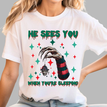 Horror Christmas He Sees You When You Are Sleeping Geek T-Shirt