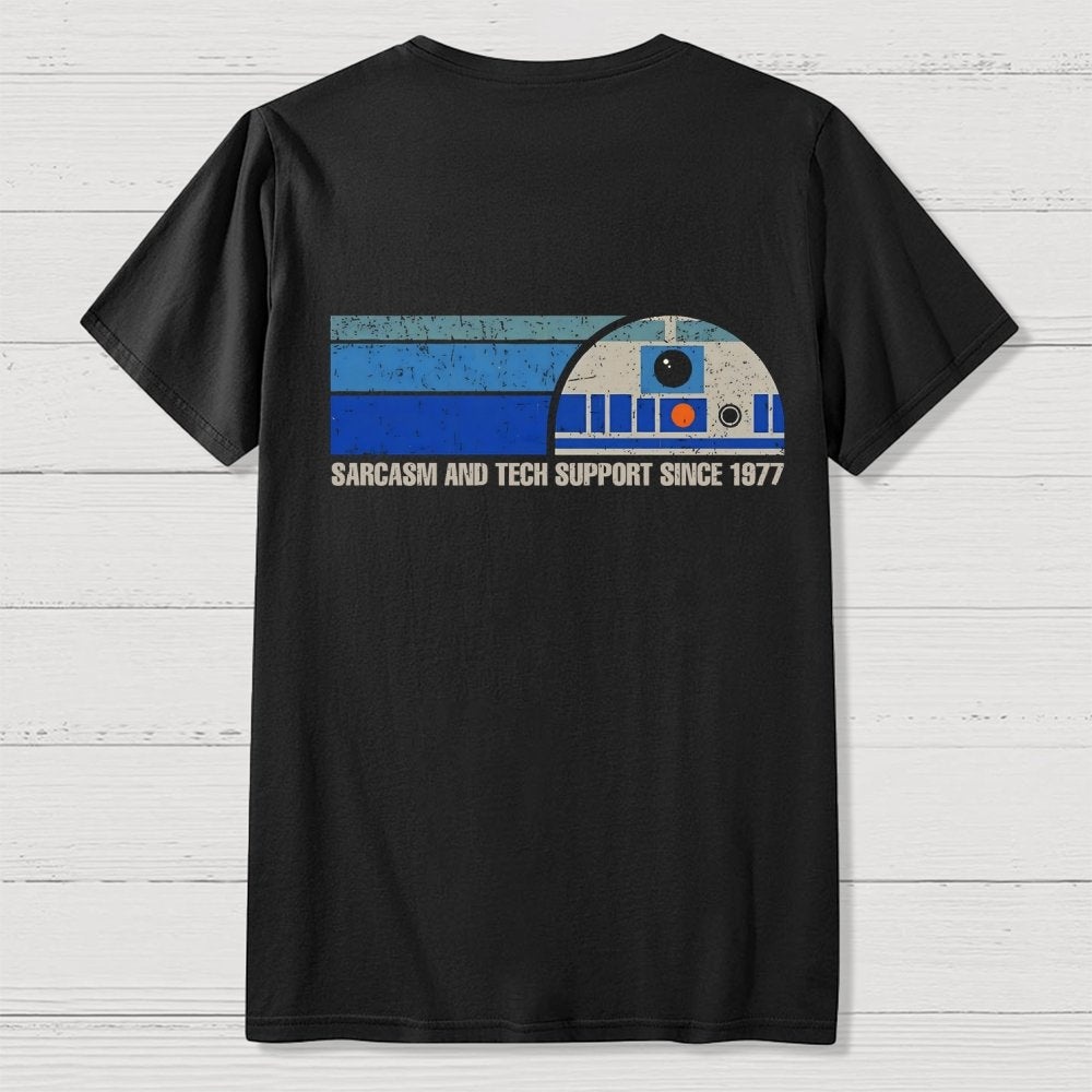 Providing Sarcasm and Tech Support Since 1977  Back Printing Geek T-Shirt
