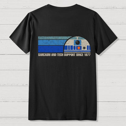 Providing Sarcasm and Tech Support Since 1977  Back Printing Geek T-Shirt