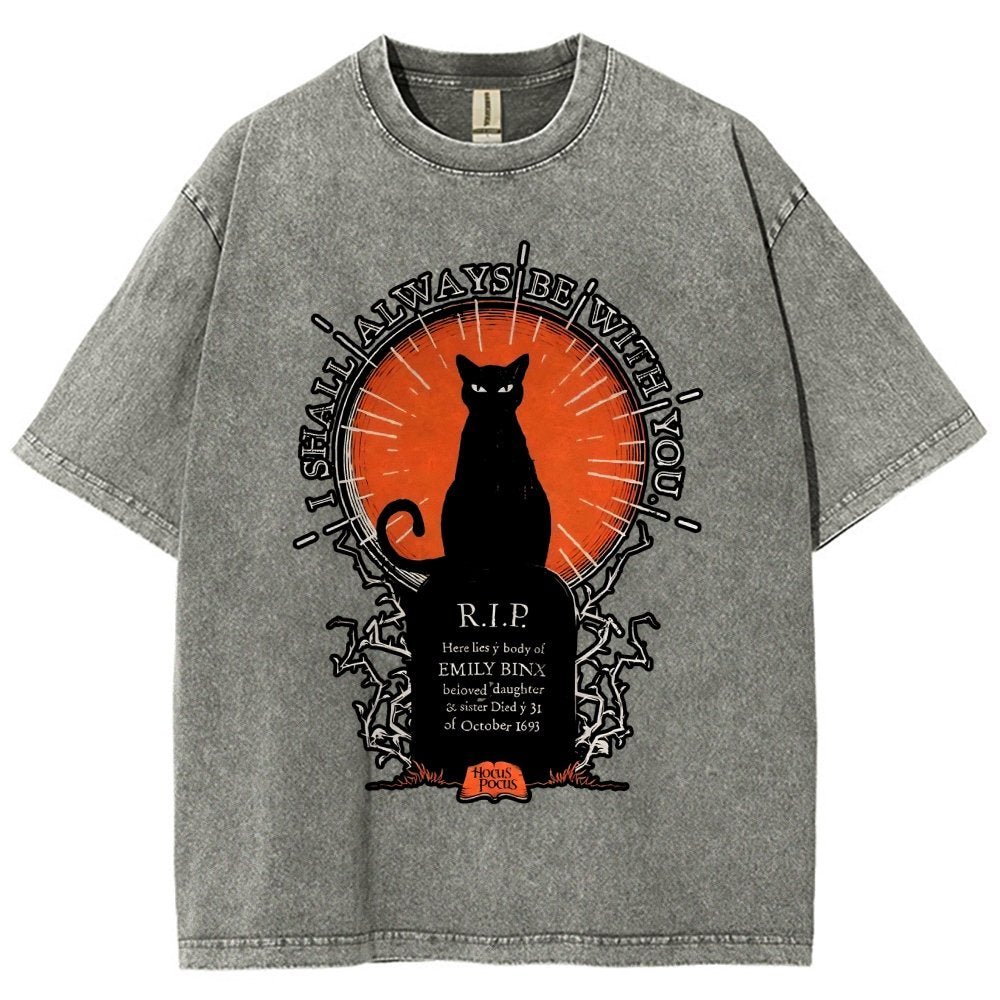 Halloween Cat Print Vintage Distressed T-shirt