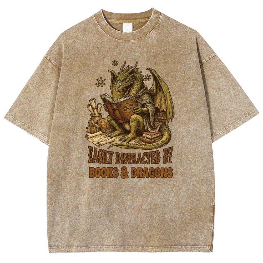 Easily Distracted by Books and Dragons Vintage Distressed T-shirt