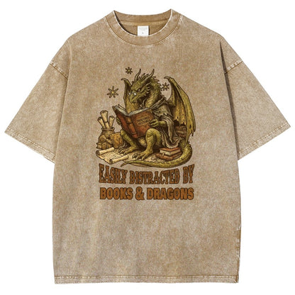 Easily Distracted by Books and Dragons Vintage Distressed T-shirt