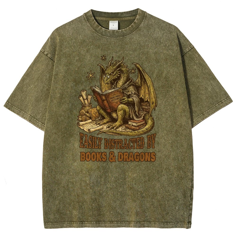 Easily Distracted by Books and Dragons Vintage Distressed T-shirt