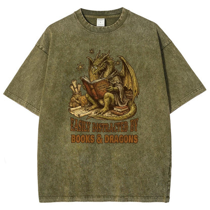 Easily Distracted by Books and Dragons Vintage Distressed T-shirt