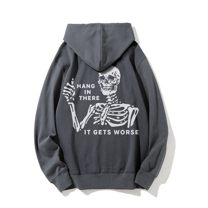 Hang In There Skeleton Printed Back Unisex Cotton Hoodie