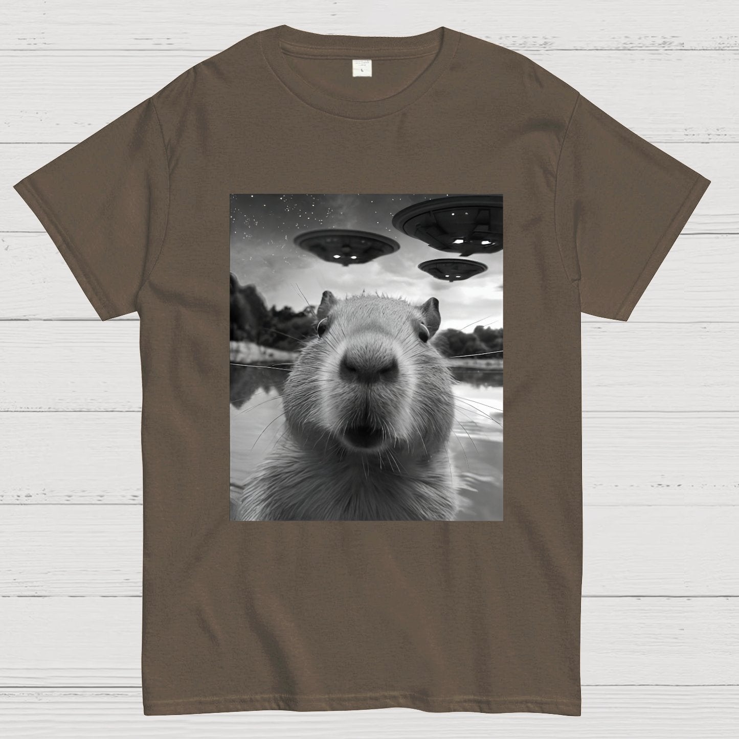 Capybara Selfie With UFOs Funny Geek T-Shirt