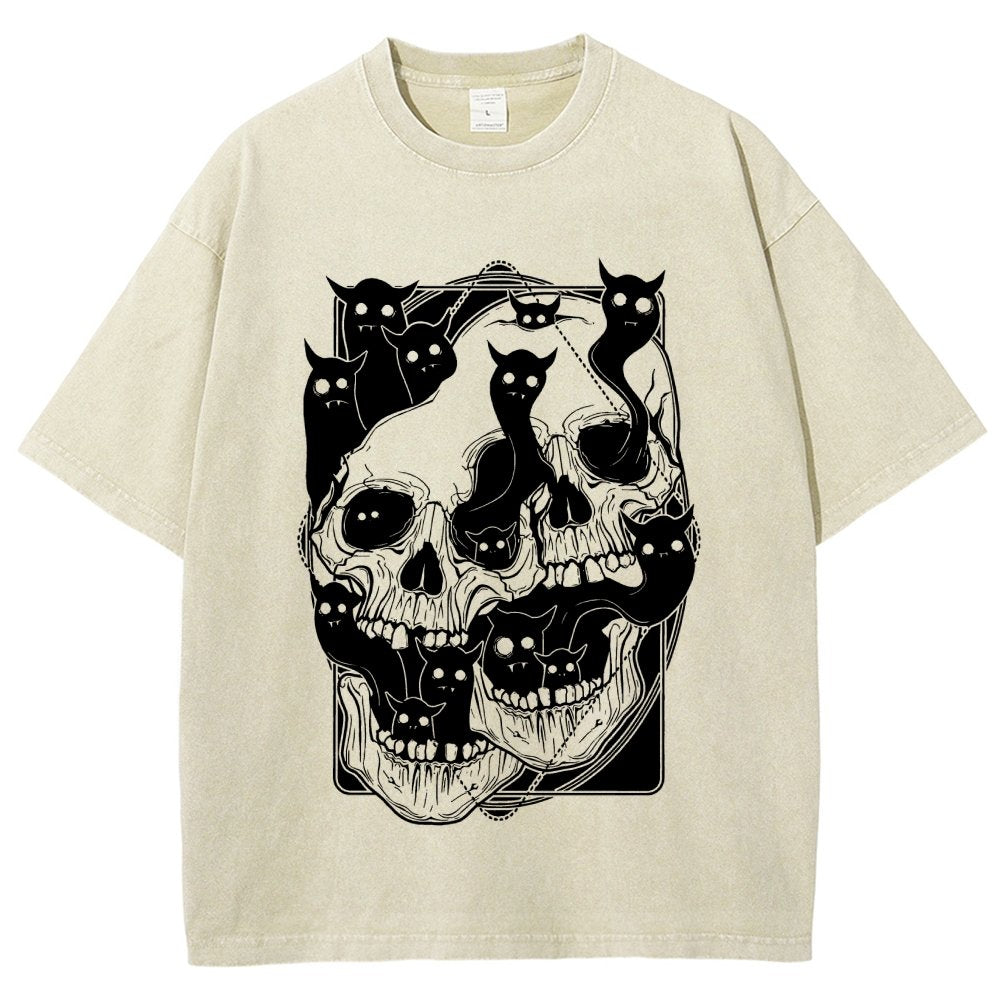 Cat Ghost Double Skull Vintage Distressed T-shirt