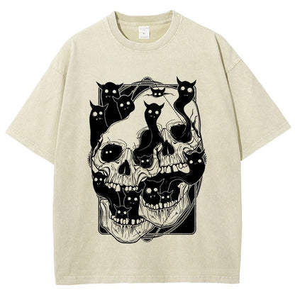 Cat Ghost Double Skull Vintage Distressed T-shirt