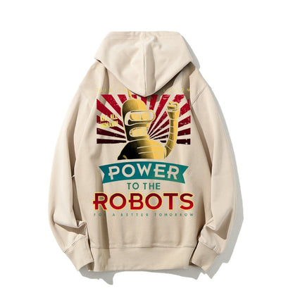 Power To The Robots Printed Back Cotton Hoodie