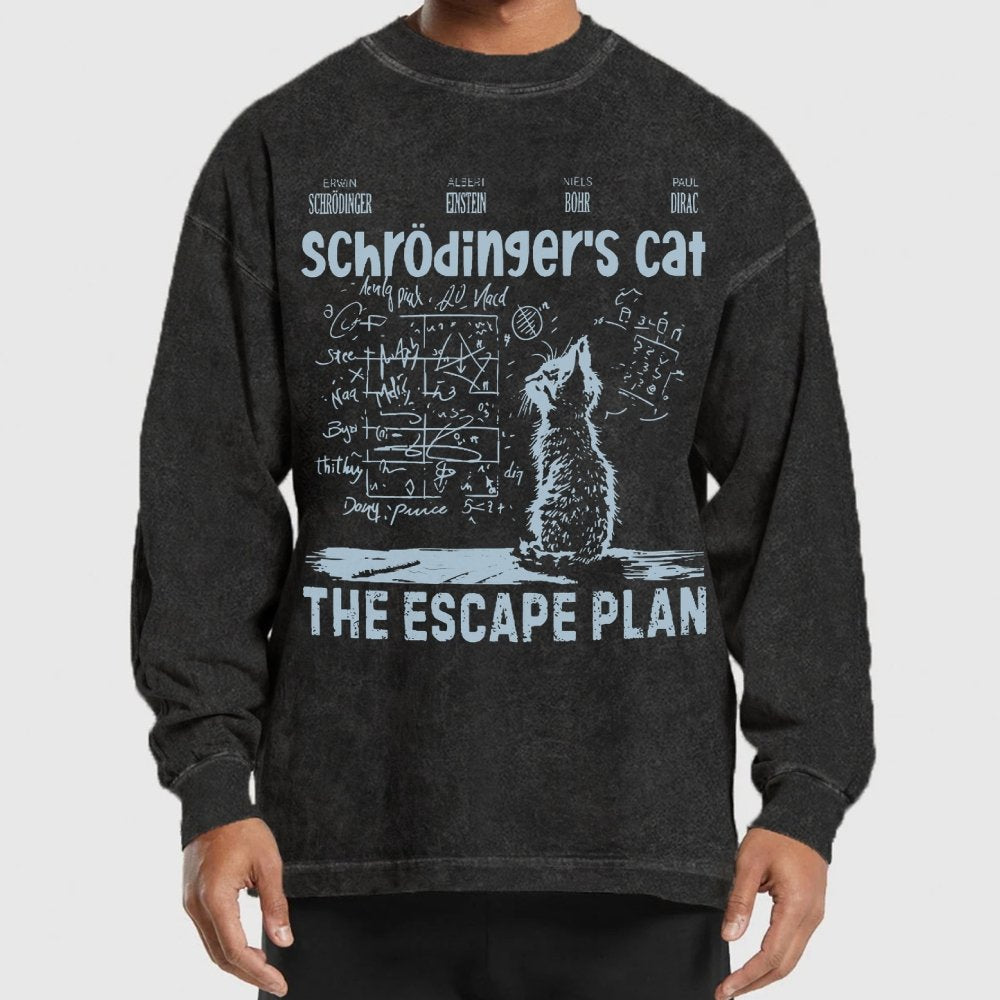 Schrodinger's Cat Escape Plan Interesting Physics Science Washed Long Sleeve Tee