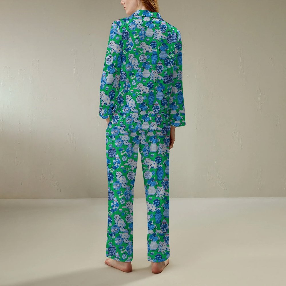 Cat Ceramic Art Pattern Geek Long Sleeve Pajama Set