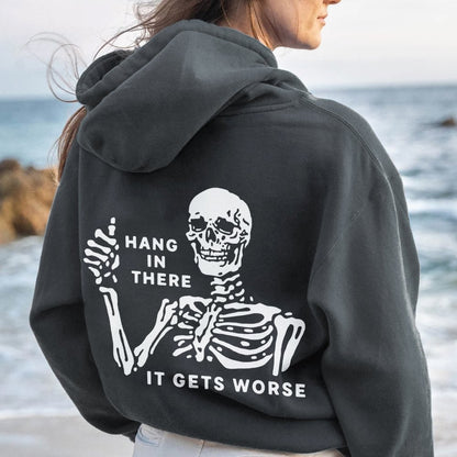 Hang In There Skeleton Printed Back Unisex Cotton Hoodie
