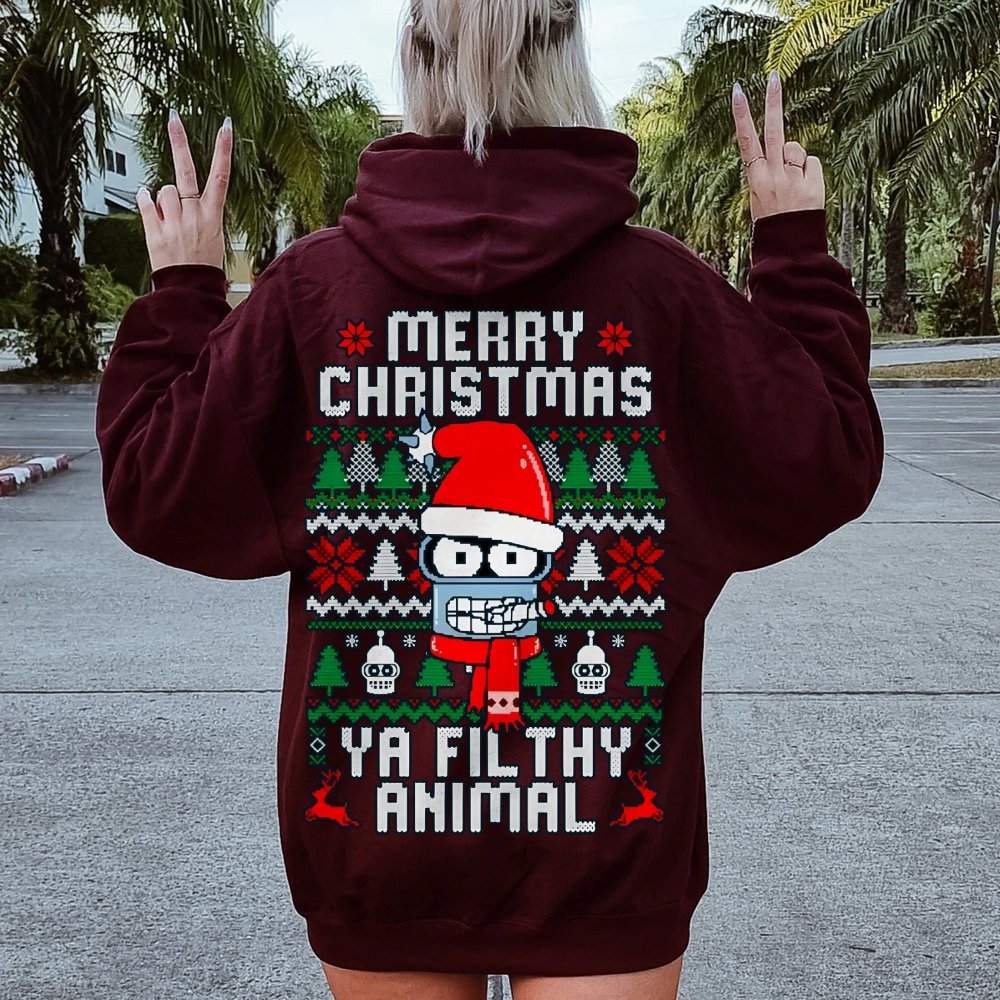 Merry Christmas Ya Filthy Animal Printed Back Cotton Hoodie