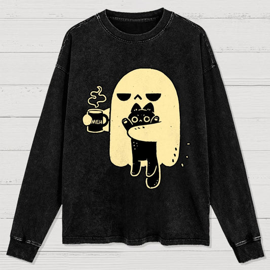 Cute Ghost Holding Cat Washed Long Sleeve Tee