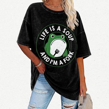Life Is Soup and I'm a Fork Frog Vintage Distressed T-shirt