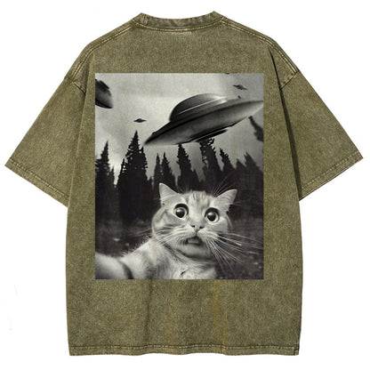 Ufo Cat Back Washed T-Shirt