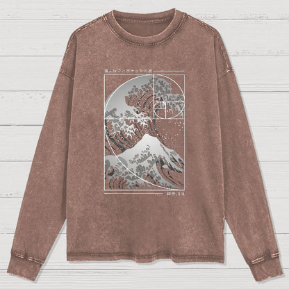 The Great Wave Of Fibonacci Spiral Geek Washed Long Sleeve Tee