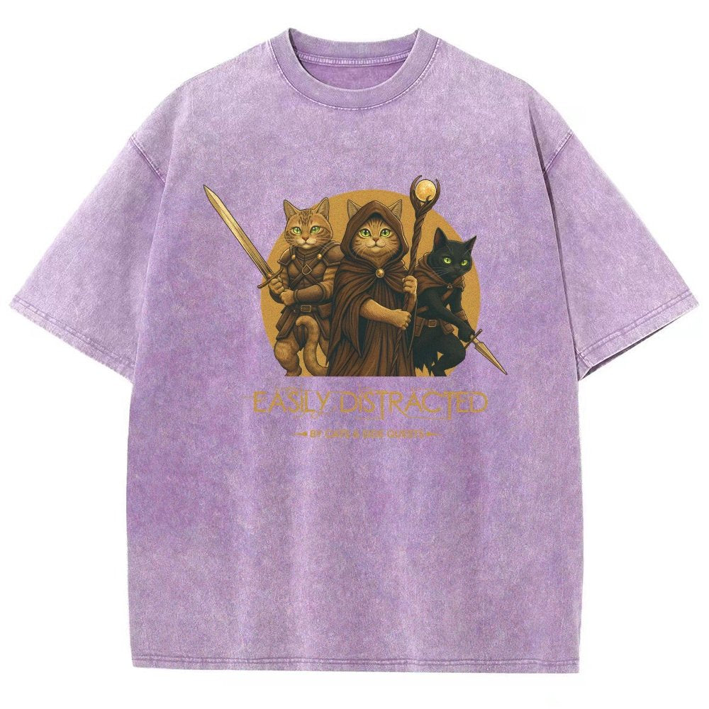Easily Distracted By Cats And Side Quests Vintage Distressed T-shirt