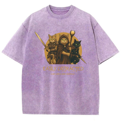 Easily Distracted By Cats And Side Quests Vintage Distressed T-shirt