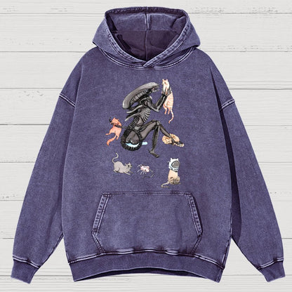 Funny Alien And Cat Vintage Distressed Hoodie