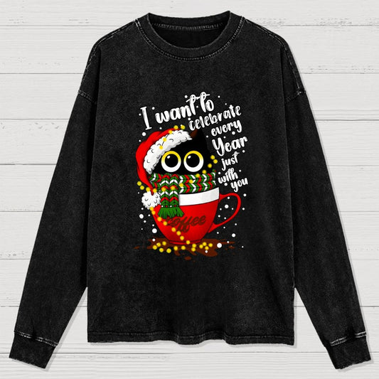 Christmas Cat Washed Long Sleeve Tee