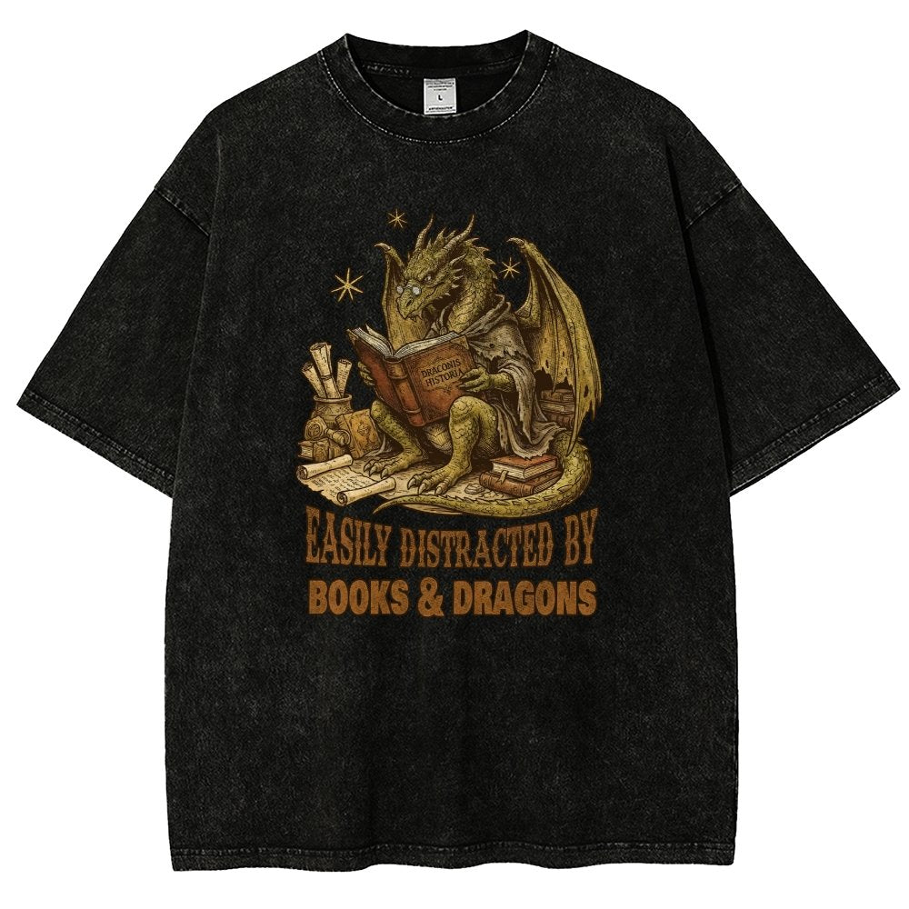 Easily Distracted by Books and Dragons Vintage Distressed T-shirt