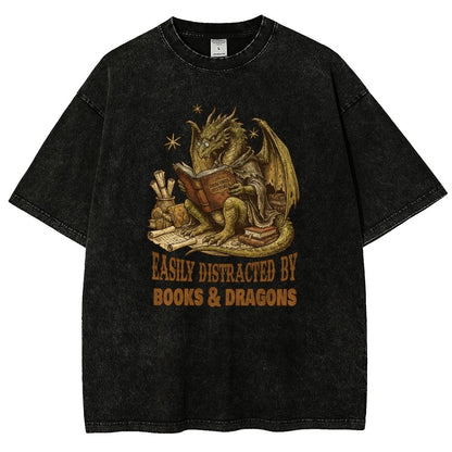 Easily Distracted by Books and Dragons Vintage Distressed T-shirt
